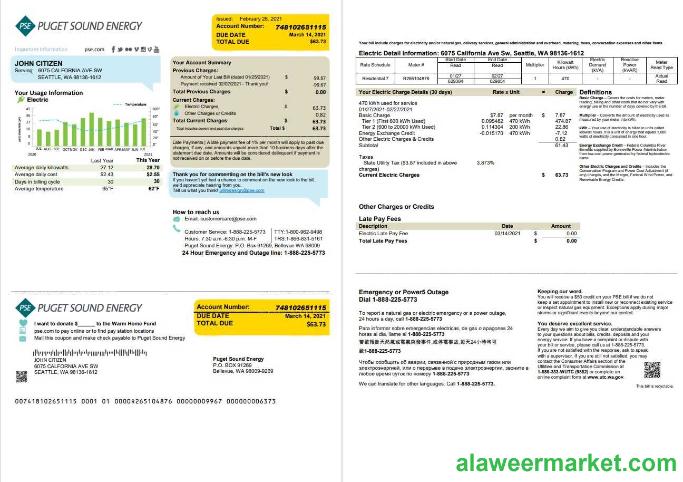 USA Washington Puget Sound Energy utility bill template in Word and PDF format, 2 pages, version 2